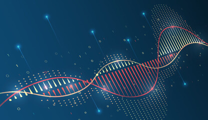 Wall Mural - An abstract data chain consisting of glowing lines and dots with binary code on a dark background symbolizes genetics, biotechnology and data-driven science, information analytics.
