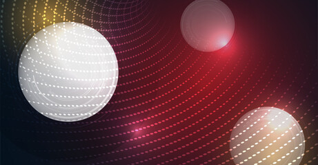 Wall Mural - Abstract futuristic background with glowing spheres, dotted wavy lines, and gradient light effects in red, yellow, and white tones. Modern digital technology design. For cyber protection presentation.