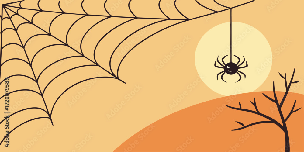 Halloween spider on a web with a full moon and bare tree branches in ...