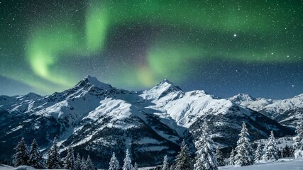 Wall Mural - ﻿spectacular green aurora borealis swirling over majestic snow-capped mountains at night timelapse e