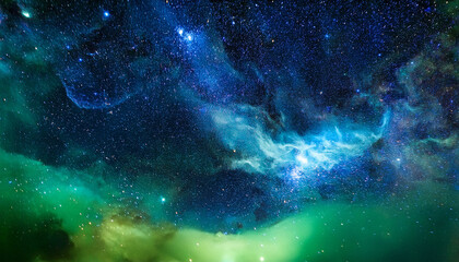 Starry Night Sky With Green And Blue Nebulae Viewed From Above