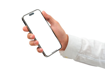 Hand showing smartphone with blank screen isolated.	