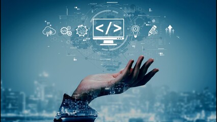 Modern web development concept featuring coding symbols, web development process, web development interface, and web development tools with futuristic design. Muxer