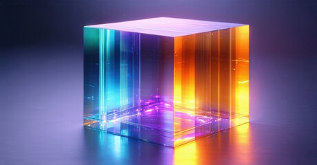 Wall Mural - vibrant cube glows, displaying spectrum colors. light refracts, creating luminous effect. minimalist