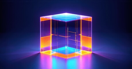 Wall Mural - glowing cube sits center frame. bright neon colors radiate, creating vibrant light effects. dark bac