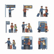 © Sullindya - Pixel Art Scenes of Transportation Staff Assisting Travelers with Luggage and Directions