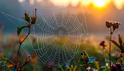 Close-up photograph of a delicate spider's web, glistening with morning dew, against a soft, blurred sunrise backdrop