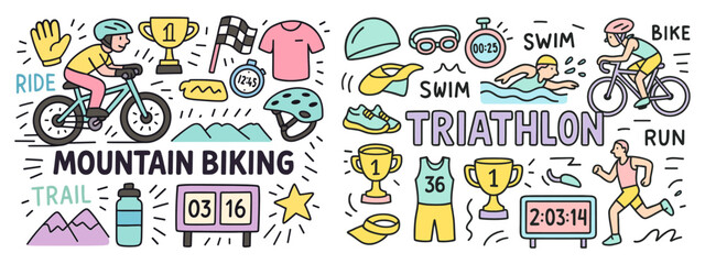  Mountain biking and triathlon sport. Sports and adventure іcon set