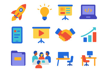 Business and technology flat icons featuring innovation and collaboration