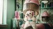 © Svetlana - Dog relaxing in vintage beauty salon with pink hair rollers and dryer