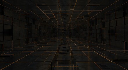 Abstract futuristic dark cube room with golden line elements perspective view