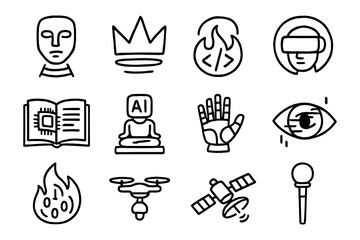 Wall Mural - Futuristic technology icons set: ai, coding, virtual reality, and space exploration