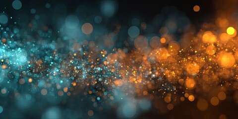 abstract bokeh lights on a dark background, with orange and blue colors, and glowing particles.