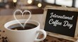 © Abubakar - a cup of coffee with heart-shaped steam, 'International Coffee Day' sign, coffee shop interior, warm cozy atmosphere, cinematic lighting, digital art, highly detailed, photorealistic