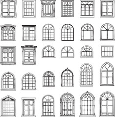 A collection of various window designs in black and white line art showcasing different shapes and styles