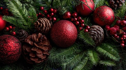Wall Mural - festive christmas greenery red ornaments winter holidays decorations