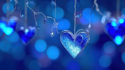 abstract blue glowing lights background with bokeh and heartshaped decoration
