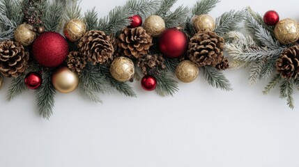 Wall Mural - a holidaythemed arrangement with red and gold baubles frosted pinecones and evergreen branches on a blank white backdrop