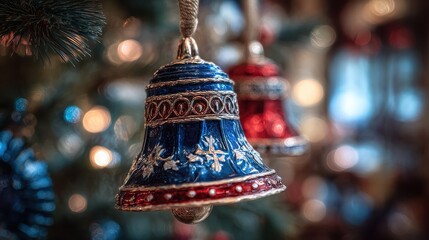 Wall Mural - a blue and red christmas bell ornament hanging on an illuminated tree with the background blurred to emphasize it