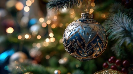 Wall Mural - christmas ornament on tree with blurred lights