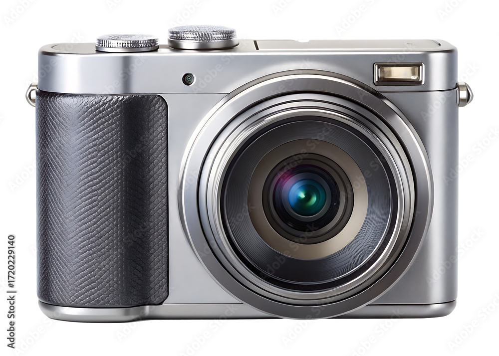 Silver Digital Compact Camera with Textured Grip and Lens Detail ...