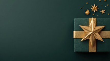 Wall Mural - dark green christmas background with golden star and gift box
