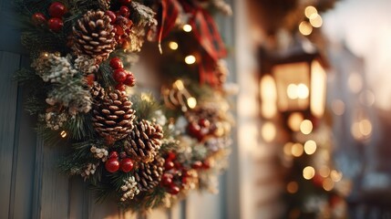Wall Mural - a closeup of a christmas wreath adorned with pinecones berries and ribbons hanging on a front door with holiday lights and decorations visible adding a festive touch to the christmas celebration 