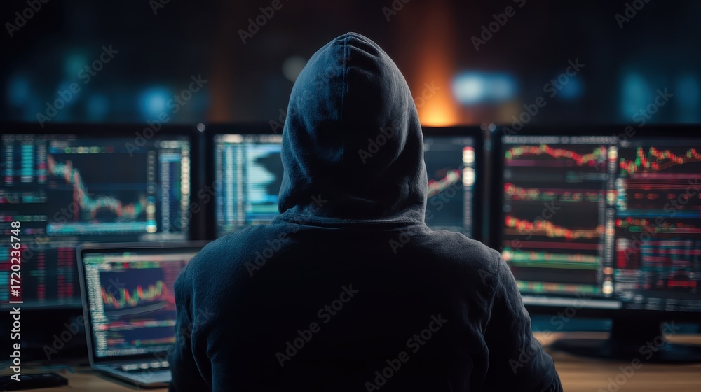 back view of hacker at desktop using computers with various forex ...