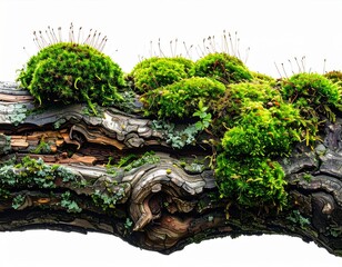 Green Moss Growing on Weathered Tree Branch Against Bright White Background