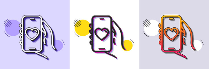 Wall Mural - Dating app line icon. Halftone dotted pattern. Gradient icon with grain shadow. Hand hold phone sign. Cellphone with screen notification symbol. Line dating app icon. Various designs. Vector