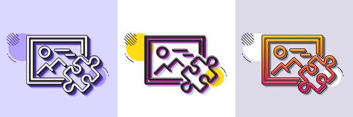 Wall Mural - Puzzle image line icon. Halftone dotted pattern. Gradient icon with grain shadow. Jigsaw piece with photo sign. Business challenge symbol. Line puzzle image icon. Various designs. Vector