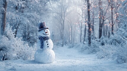 Wall Mural - festive snowman in snowy forest winter wonderland scene holiday card