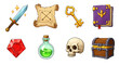 © MD ANOWAR HOSSAIN - Collection of fantasy adventure game icons including a sword scroll key book gem potion skull and chest isolated on white background