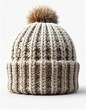 © Vader Stocker - Close Up of a Cream Colored Knitted Beanie with a Pom Pom on White Background