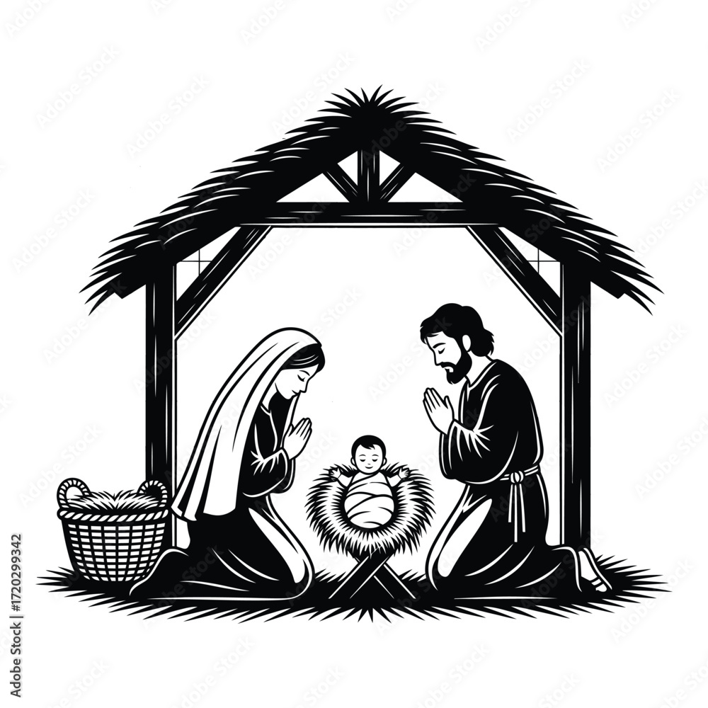 Vector art of nativity scene with mary, joseph, and baby jesus isolated ...