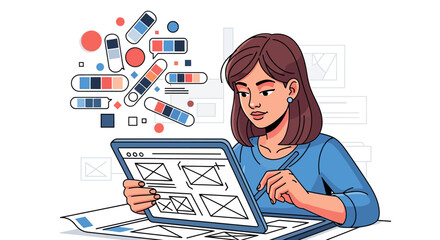 woman designer working on digital interface wireframes and color palettes