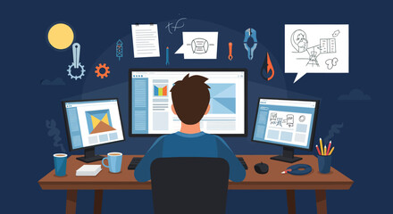 Back View of a Person Working on Computer at Desk