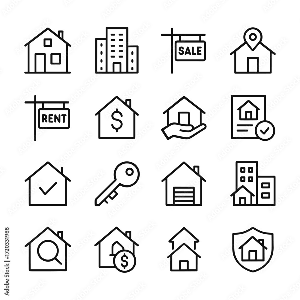 Real estate housing icons collection. Outline symbols. Line design ...