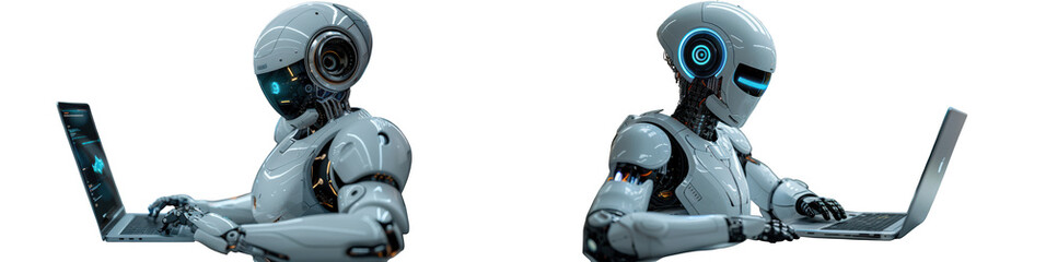 Two futuristic robots with glowing blue eyes working on laptops, isolated on transparent background