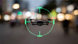 © Allie - Drone in flight with targeting reticle overlay against a blurred urban night background
