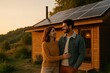 © ABSTRACTARTWORK - Couple embracing at sunset in eco-friendly home with solar panels serene nature surroundings inviting atmosphere intimate perspective