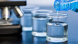 © Allie - Clear liquid being poured into a glass beaker in a laboratory setting with a microscope in the background