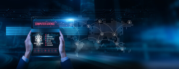Researcher holding a tablet with computer science data on screen algorithm design software engineering programming development artificial intelligence network systems digital innovation.