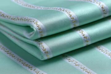 Wall Mural - Elegant mint green fabric folded, showcasing intricate gold and white stripes.