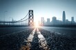 Bay Bridge perspective view with city skyline and asphalt road leading to city center, reflecting sunlight with a contemporary urban landscape.