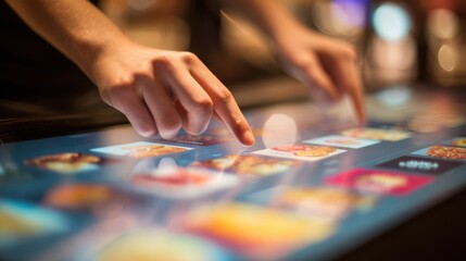 Focused view of interactive deals and promotions screen on a touch panel emphasizing vibrant buttons and blurred user hands in background.