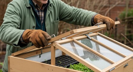 Wall Mural - Medium shot focusing on a gardener adjusting a cold frame lid to maintain optimal temperature for seed germination during chilly seasons