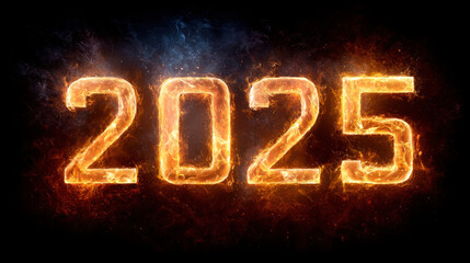 Wall Mural - Fiery numbers representing year 2025, glowing with vibrant flames against dark background, symbolizing energy and transformation