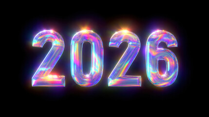 Wall Mural - Vibrant and colorful representation of year 2026, featuring glossy, reflective numbers that shimmer against dark background, creating futuristic and celebratory atmosphere