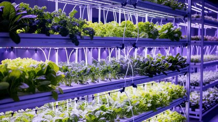 Wall Mural - Medium shot of LEDlit vertical farming racks showcasing vibrant leafy greens growing under controlled light conditions for efficient urban agriculture.